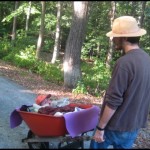 On our final day we put Lucas and all his equipment into a wheel barrow and headed out on a path into the woods.